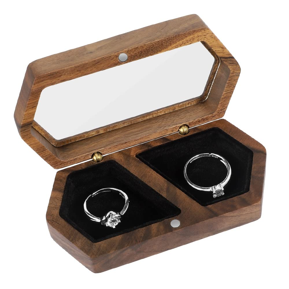 Wood Ring Box for Wedding Ceremony with Clear Top Engagement Ring Boxes Two Rings Case Ring Bearer Case Wooden Ring Holder — view 2