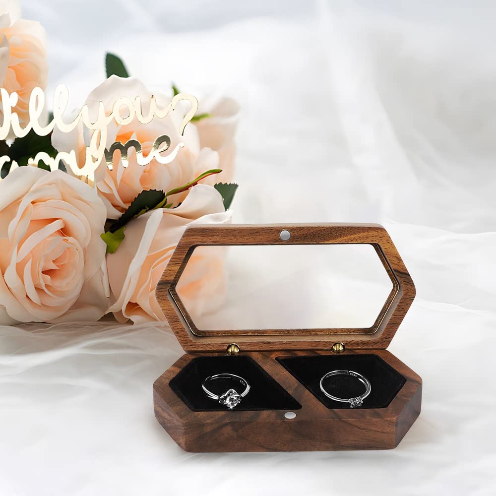 Wood Ring Box for Wedding Ceremony with Clear Top Engagement Ring Boxes Two Rings Case Ring Bearer Case Wooden Ring Holder — view 4
